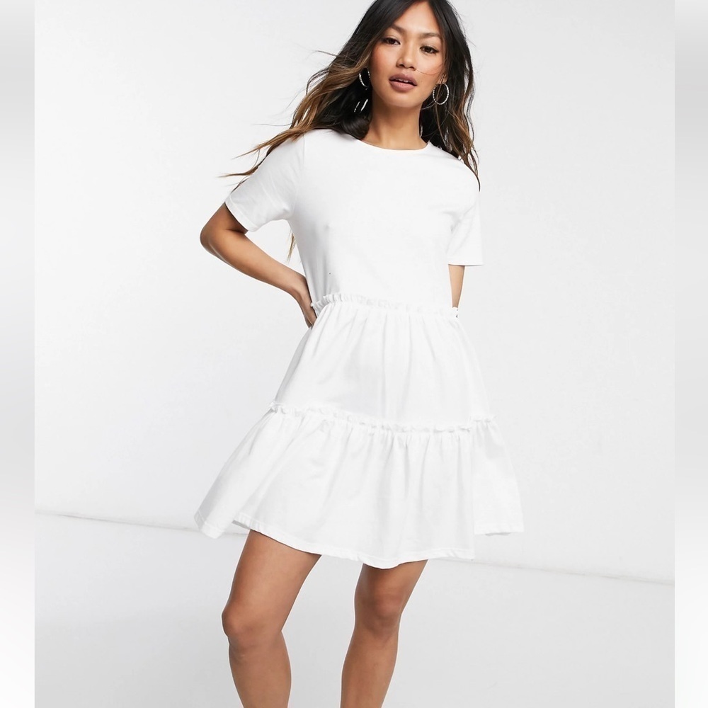 River Island tiered smock mini T-shirt dress in white